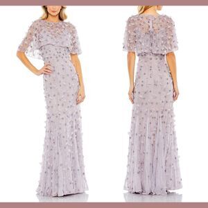 NWT $698 Mac Duggal [ 18 ] Embellished Cape‎ Sleeve Trumpet Gown in Lilac #S1051